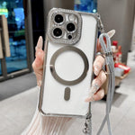 Custodia magnetica per telefono in acrilico trasparente galvanizzato con strass e cordino a tracolla sul lato destro., For iPhone 14 / 13, For iPhone 14 Pro, For iPhone 14 Pro Max, For iPhone 13 Pro Max