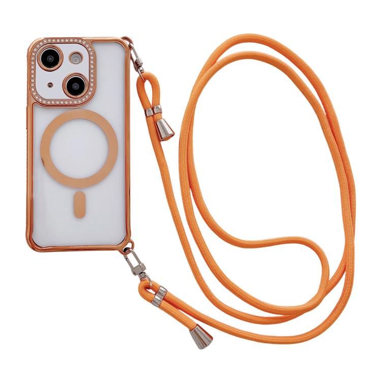 Custodia magnetica per telefono in acrilico trasparente galvanizzato con strass e cordino a tracolla sul lato destro., For iPhone 14 / 13, For iPhone 14 Pro, For iPhone 14 Pro Max, For iPhone 13 Pro Max
