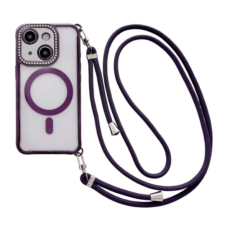 Custodia magnetica per telefono in acrilico trasparente galvanizzato con strass e cordino a tracolla sul lato destro., For iPhone 14 / 13, For iPhone 14 Pro, For iPhone 14 Pro Max, For iPhone 13 Pro Max