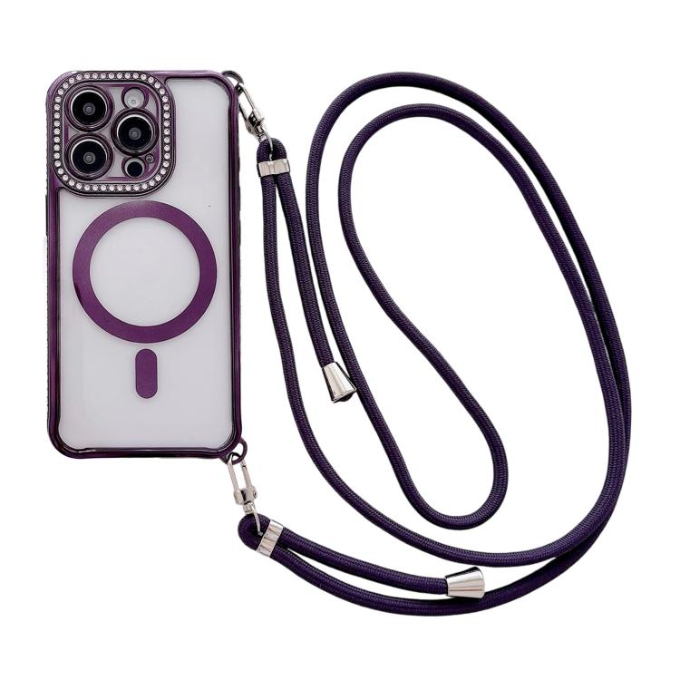 Custodia magnetica per telefono in acrilico trasparente galvanizzato con strass e cordino a tracolla sul lato destro., For iPhone 14 / 13, For iPhone 14 Pro, For iPhone 14 Pro Max, For iPhone 13 Pro Max