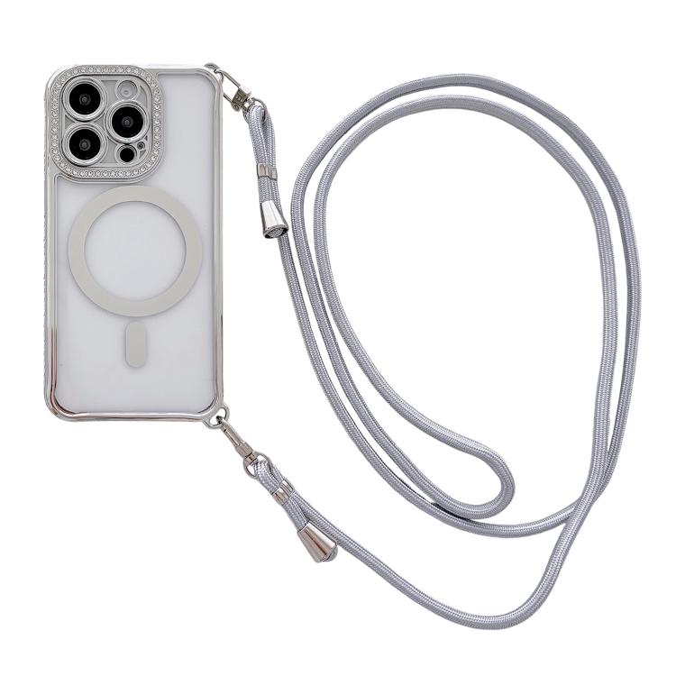 Custodia magnetica per telefono in acrilico trasparente galvanizzato con strass e cordino a tracolla sul lato destro., For iPhone 14 / 13, For iPhone 14 Pro, For iPhone 14 Pro Max, For iPhone 13 Pro Max
