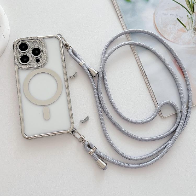 Custodia magnetica per telefono in acrilico trasparente galvanizzato con strass e cordino a tracolla sul lato destro., For iPhone 13 Pro
