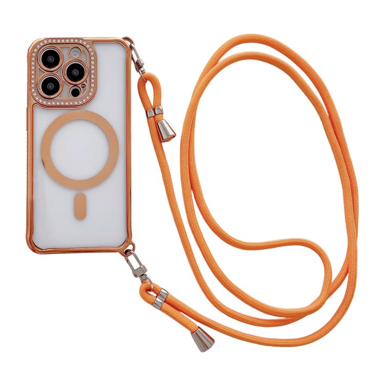 Custodia magnetica per telefono in acrilico trasparente galvanizzato con strass e cordino a tracolla sul lato destro., For iPhone 13 Pro