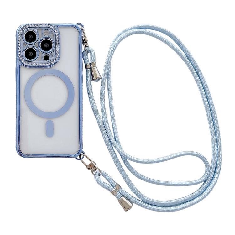 Custodia magnetica per telefono in acrilico trasparente galvanizzato con strass e cordino a tracolla sul lato destro., For iPhone 13 Pro