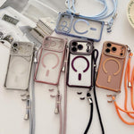 Custodia magnetica per telefono in acrilico trasparente galvanizzato con strass e cordino a tracolla sul lato destro., For iPhone 15 Pro Max, For iPhone 15 Pro, For iPhone 15 Plus / 14 Plus, For iPhone 15