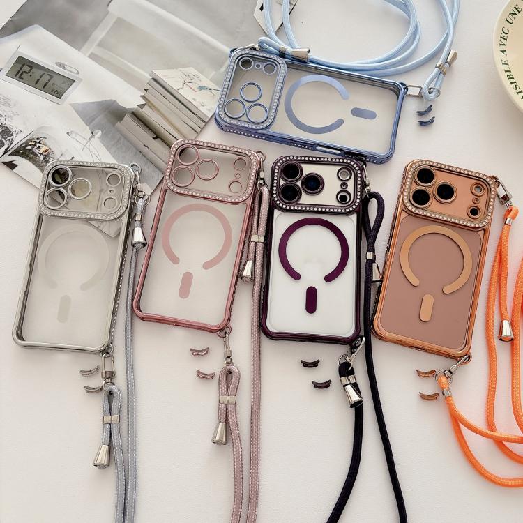 Custodia magnetica per telefono in acrilico trasparente galvanizzato con strass e cordino a tracolla sul lato destro., For iPhone 14 / 13, For iPhone 14 Pro, For iPhone 14 Pro Max, For iPhone 13 Pro Max