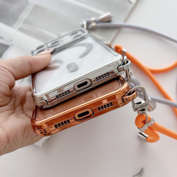 Custodia magnetica per telefono in acrilico trasparente galvanizzato con strass e cordino a tracolla sul lato destro., For iPhone 16 Pro Max, For iPhone 16 Pro, For iPhone 16 Plus, For iPhone 16