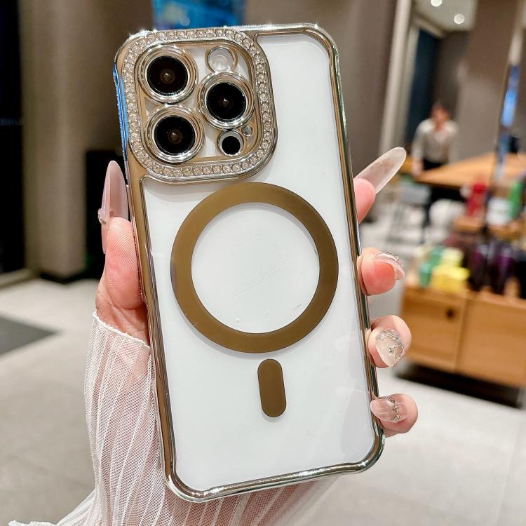 Custodia magnetica per telefono in acrilico trasparente galvanizzato con strass, For iPhone 16 Pro Max, For iPhone 16 Pro, For iPhone 16 Plus, For iPhone 16