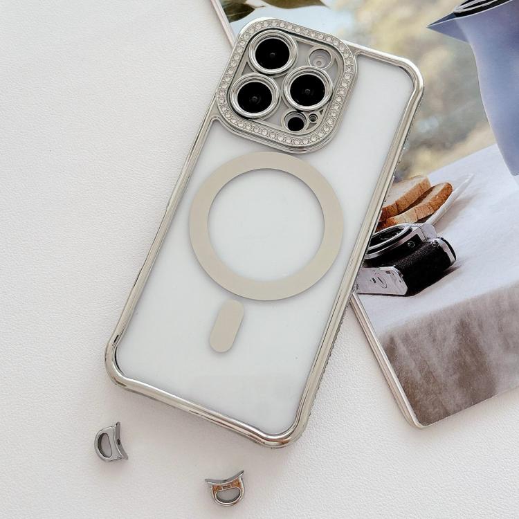 Custodia magnetica per telefono in acrilico trasparente galvanizzato con strass, For iPhone 15 Pro Max, For iPhone 15 Pro, For iPhone 15 Plus / 14 Plus, For iPhone 15