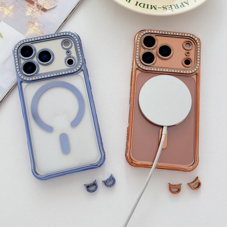 Custodia magnetica per telefono in acrilico trasparente galvanizzato con strass, For iPhone 16 Pro Max, For iPhone 16 Pro, For iPhone 16 Plus, For iPhone 16