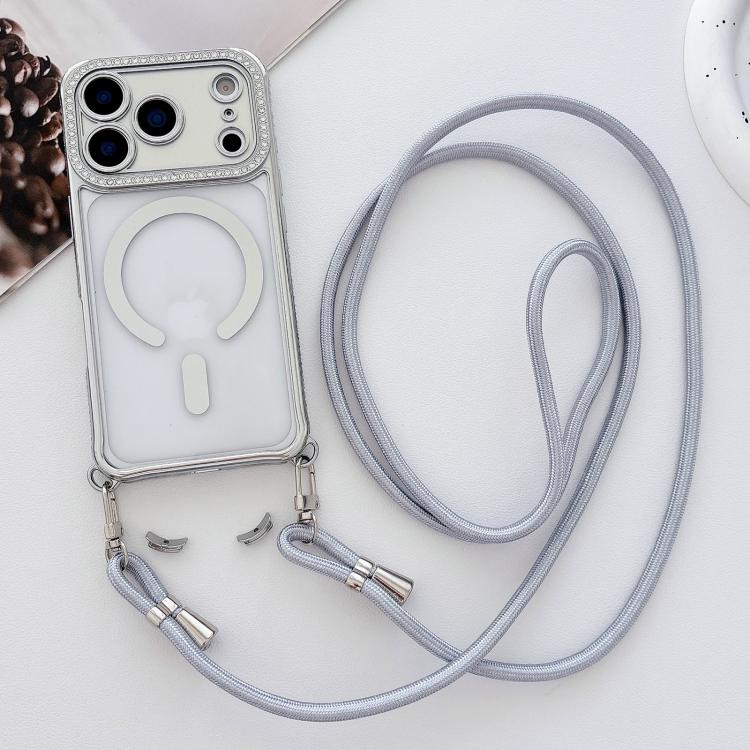 Custodia magnetica per telefono in acrilico trasparente galvanizzato con strass e cordino da collo., For iPhone 17 Pro Max, For iPhone 17 Pro, For iPhone 17, For iPhone Air