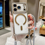 Custodia magnetica per telefono in acrilico trasparente galvanizzato con strass e cordino da collo., For iPhone 17 Pro Max, For iPhone 17 Pro, For iPhone 17, For iPhone Air