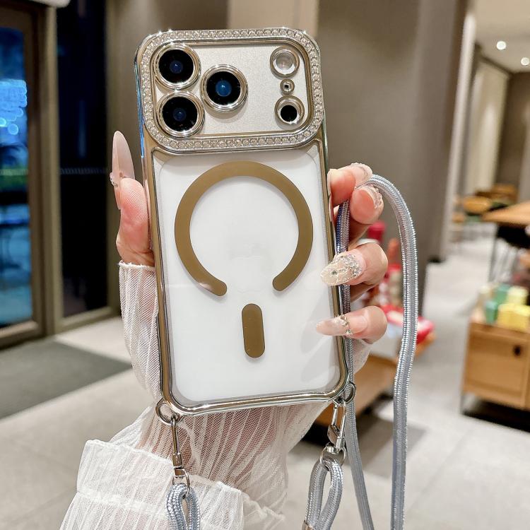 Custodia magnetica per telefono in acrilico trasparente galvanizzato con strass e cordino da collo., For iPhone 17 Pro Max, For iPhone 17 Pro, For iPhone 17, For iPhone Air