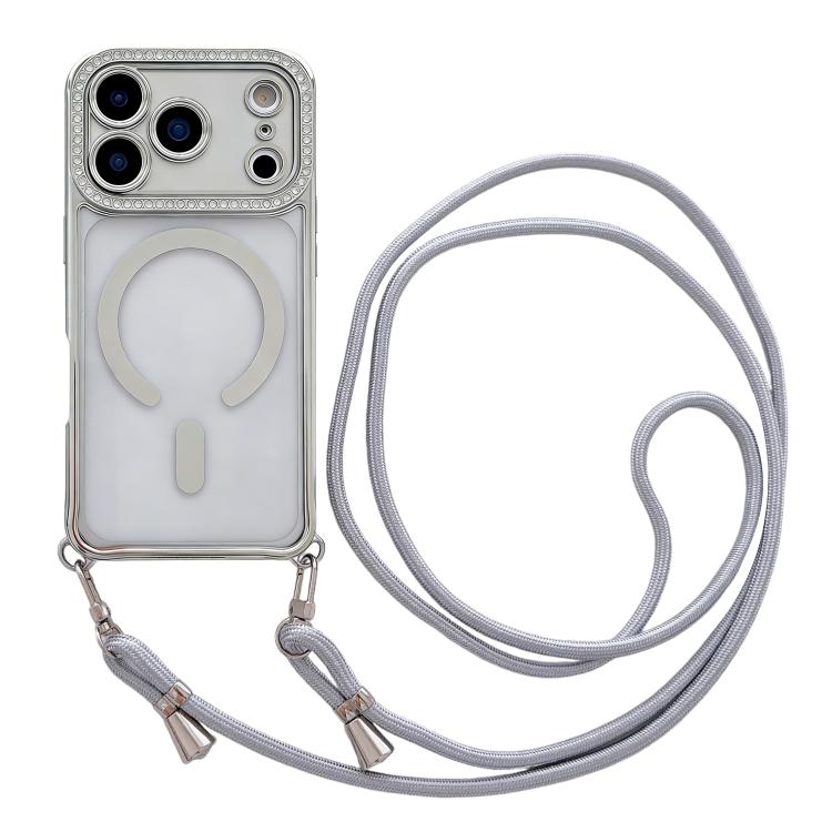 Custodia magnetica per telefono in acrilico trasparente galvanizzato con strass e cordino da collo., For iPhone 17 Pro Max, For iPhone 17 Pro, For iPhone 17, For iPhone Air