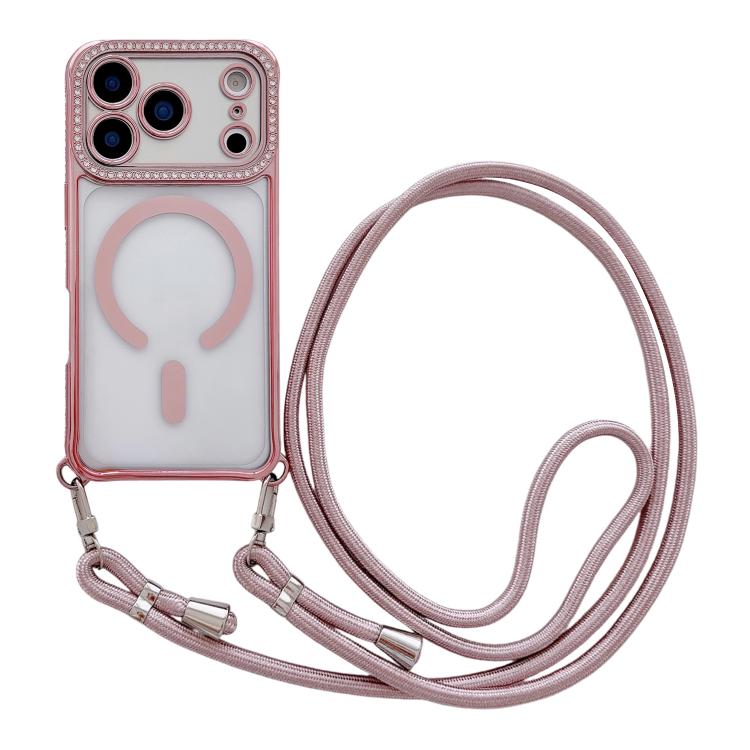 Custodia magnetica per telefono in acrilico trasparente galvanizzato con strass e cordino da collo., For iPhone 17 Pro Max, For iPhone 17 Pro, For iPhone 17, For iPhone Air