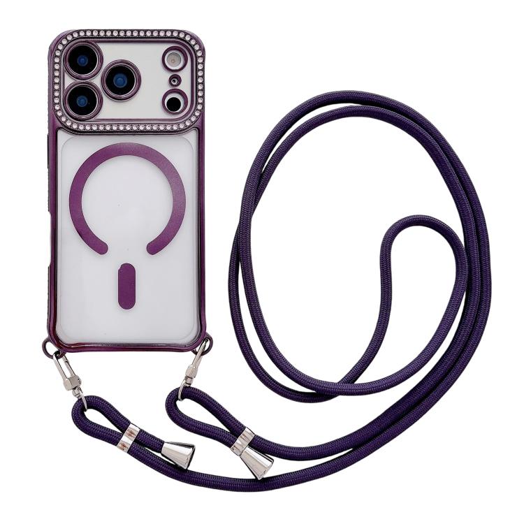 Custodia magnetica per telefono in acrilico trasparente galvanizzato con strass e cordino da collo., For iPhone 17 Pro Max, For iPhone 17 Pro, For iPhone 17, For iPhone Air