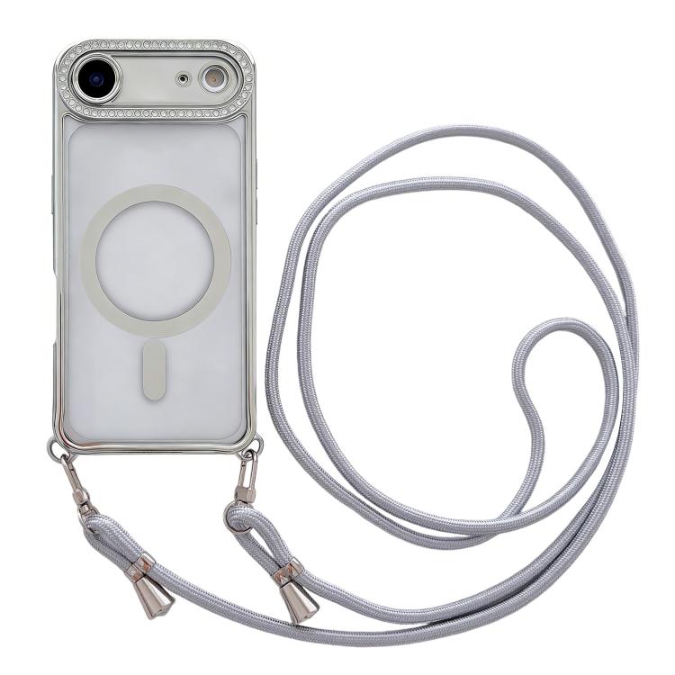 Custodia magnetica per telefono in acrilico trasparente galvanizzato con strass e cordino da collo., For iPhone 17 Pro Max, For iPhone 17 Pro, For iPhone 17, For iPhone Air