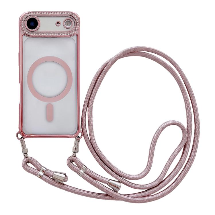 Custodia magnetica per telefono in acrilico trasparente galvanizzato con strass e cordino da collo., For iPhone 17 Pro Max, For iPhone 17 Pro, For iPhone 17, For iPhone Air
