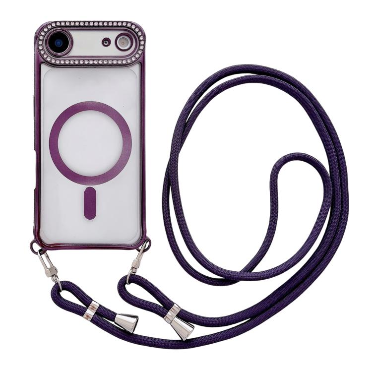 Custodia magnetica per telefono in acrilico trasparente galvanizzato con strass e cordino da collo., For iPhone 17 Pro Max, For iPhone 17 Pro, For iPhone 17, For iPhone Air