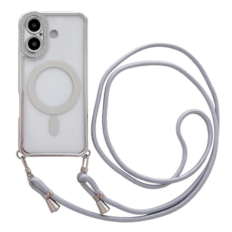 Custodia magnetica per telefono in acrilico trasparente galvanizzato con strass e cordino da collo., For iPhone 16 Pro Max, For iPhone 16 Pro, For iPhone 16 Plus, For iPhone 16