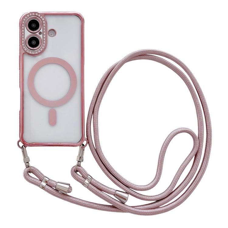 Custodia magnetica per telefono in acrilico trasparente galvanizzato con strass e cordino da collo., For iPhone 16 Pro Max, For iPhone 16 Pro, For iPhone 16 Plus, For iPhone 16