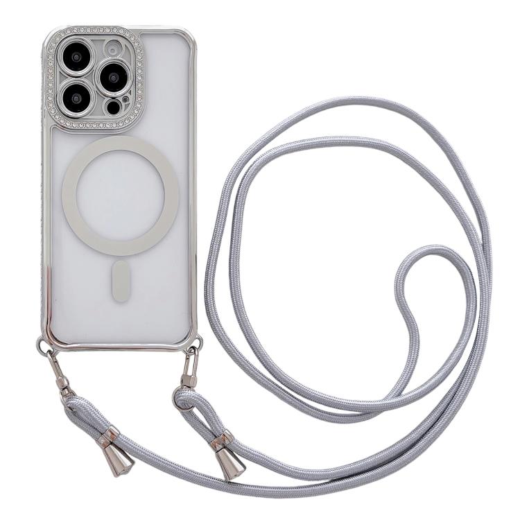 Custodia magnetica per telefono in acrilico trasparente galvanizzato con strass e cordino da collo., For iPhone 15 Pro Max, For iPhone 15 Pro, For iPhone 15 Plus / 14 Plus, For iPhone 15