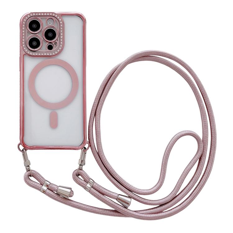 Custodia magnetica per telefono in acrilico trasparente galvanizzato con strass e cordino da collo., For iPhone 15 Pro Max, For iPhone 15 Pro, For iPhone 15 Plus / 14 Plus, For iPhone 15