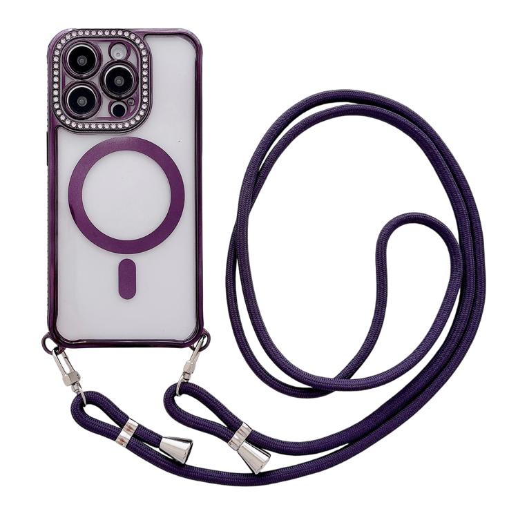 Custodia magnetica per telefono in acrilico trasparente galvanizzato con strass e cordino da collo., For iPhone 15 Pro Max, For iPhone 15 Pro, For iPhone 15 Plus / 14 Plus, For iPhone 15