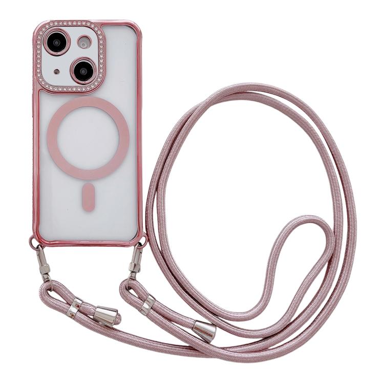 Custodia magnetica per telefono in acrilico trasparente galvanizzato con strass e cordino da collo., For iPhone 15 Pro Max, For iPhone 15 Pro, For iPhone 15 Plus / 14 Plus, For iPhone 15