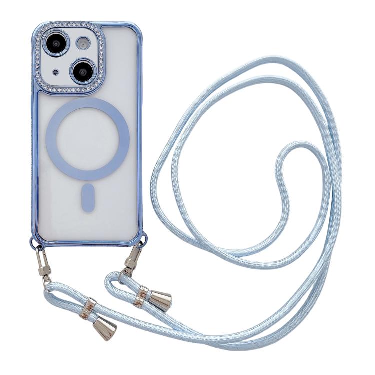 Custodia magnetica per telefono in acrilico trasparente galvanizzato con strass e cordino da collo., For iPhone 15 Pro Max, For iPhone 15 Pro, For iPhone 15 Plus / 14 Plus, For iPhone 15