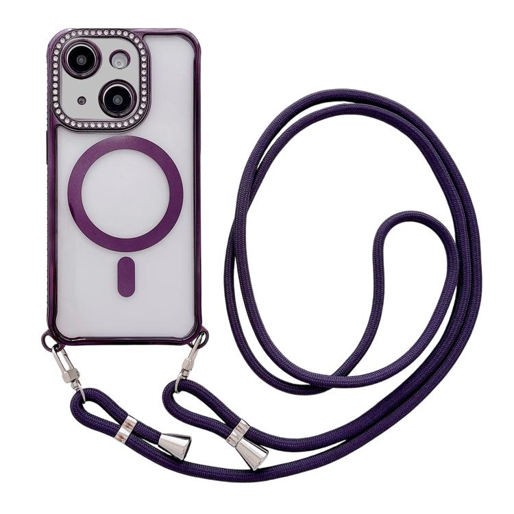 Custodia magnetica per telefono in acrilico trasparente galvanizzato con strass e cordino da collo., For iPhone 15 Pro Max, For iPhone 15 Pro, For iPhone 15 Plus / 14 Plus, For iPhone 15