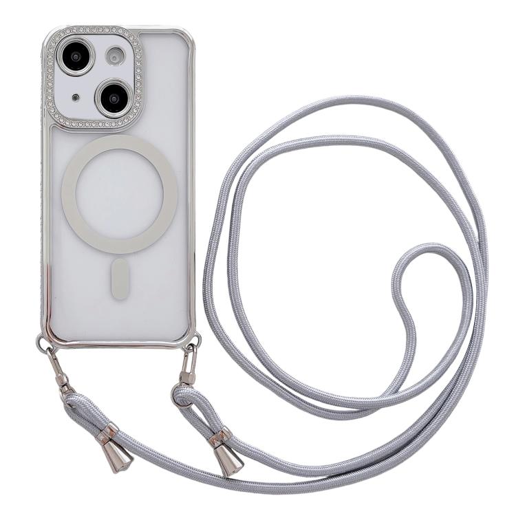 Custodia magnetica per telefono in acrilico trasparente galvanizzato con strass e cordino da collo., For iPhone 14 / 13, For iPhone 14 Pro, For iPhone 14 Pro Max, For iPhone 13 Pro Max