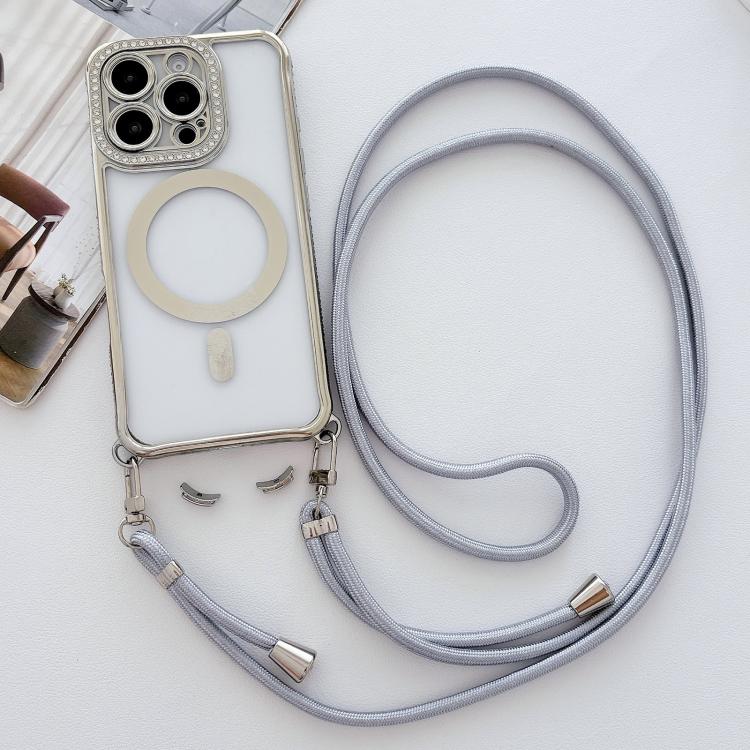 Custodia magnetica per telefono in acrilico trasparente galvanizzato con strass e cordino da collo., For iPhone 14 / 13, For iPhone 14 Pro, For iPhone 14 Pro Max, For iPhone 13 Pro Max