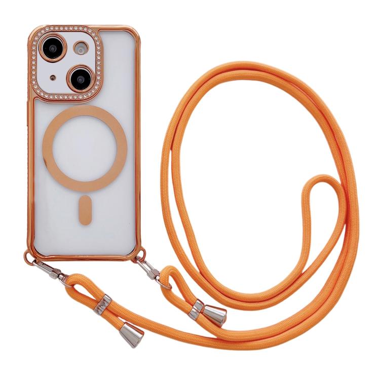 Custodia magnetica per telefono in acrilico trasparente galvanizzato con strass e cordino da collo., For iPhone 14 / 13, For iPhone 14 Pro, For iPhone 14 Pro Max, For iPhone 13 Pro Max