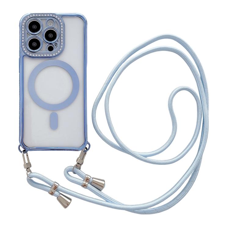 Custodia magnetica per telefono in acrilico trasparente galvanizzato con strass e cordino da collo., For iPhone 14 / 13, For iPhone 14 Pro, For iPhone 14 Pro Max, For iPhone 13 Pro Max
