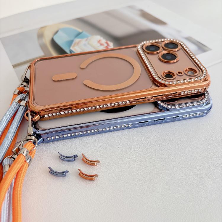 Custodia magnetica per telefono in acrilico trasparente galvanizzato con strass e cordino da collo., For iPhone 16 Pro Max, For iPhone 16 Pro, For iPhone 16 Plus, For iPhone 16
