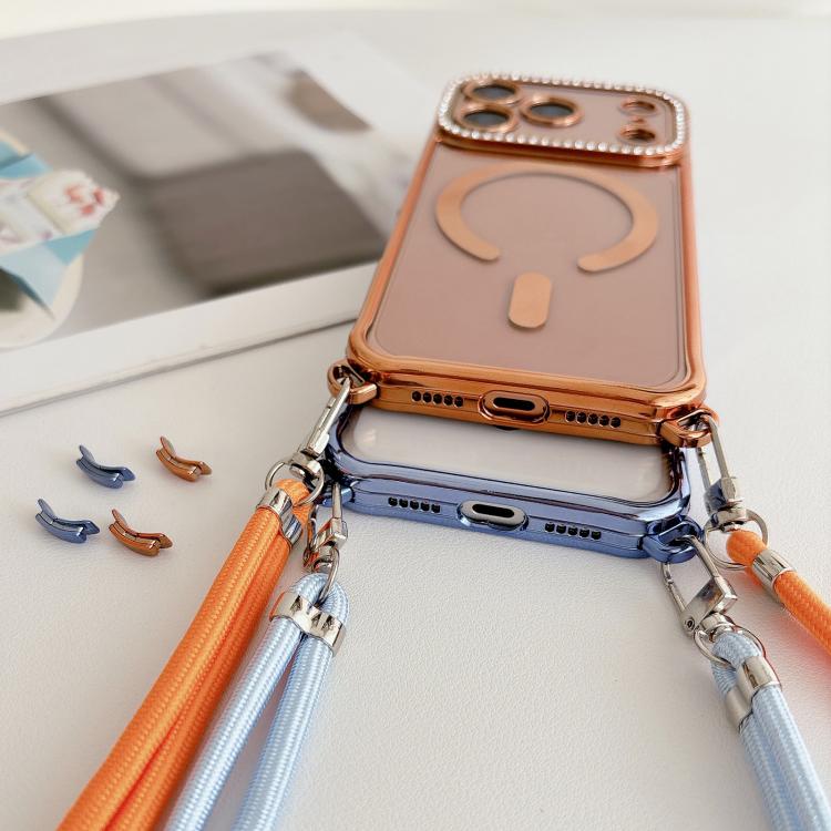 Custodia magnetica per telefono in acrilico trasparente galvanizzato con strass e cordino da collo., For iPhone 15 Pro Max, For iPhone 15 Pro, For iPhone 15 Plus / 14 Plus, For iPhone 15
