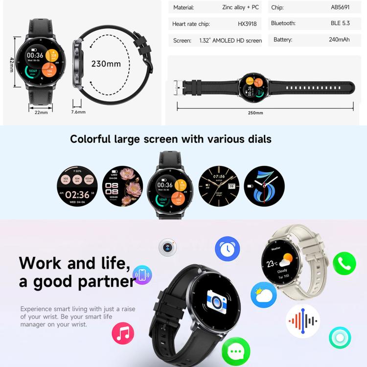 HT39 Smartwatch sportivo ultrasottile da 1,32 pollici con supporto per chiamate Bluetooth, monitoraggio della frequenza cardiaca, della pressione sanguigna e del sonno., Black, Pale Gold