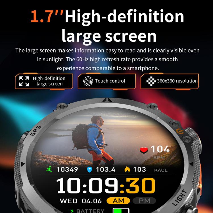 Smartwatch sportivo GPS HT42 da 1,7 pollici con supporto per chiamate Bluetooth, monitoraggio della frequenza cardiaca e del sonno.