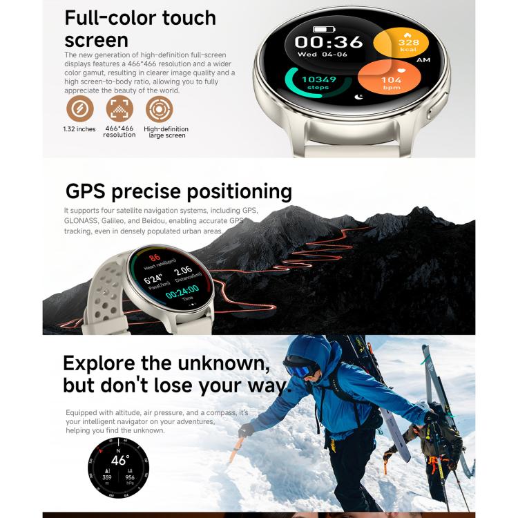 Smartwatch sportivo ultrasottile HT43 da 1,32 pollici con GPS, supporta chiamate Bluetooth, monitoraggio della frequenza cardiaca e del sonno.