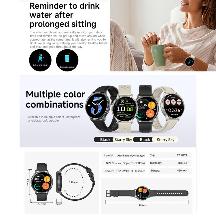 Smartwatch sportivo ultrasottile HT43 da 1,32 pollici con GPS, supporta chiamate Bluetooth, monitoraggio della frequenza cardiaca e del sonno.