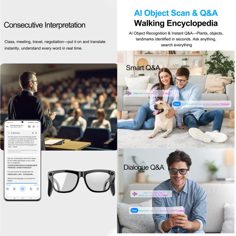 Occhiali intelligenti XK One Mac 8MP con controllo vocale touch, lenti a colori variabili e intelligenza artificiale.