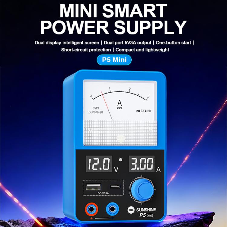 SUNSHINE P5 Mini Alimentatore intelligente con doppio display da 5V/3A e amperometro a lancetta, US Plug, EU Plug