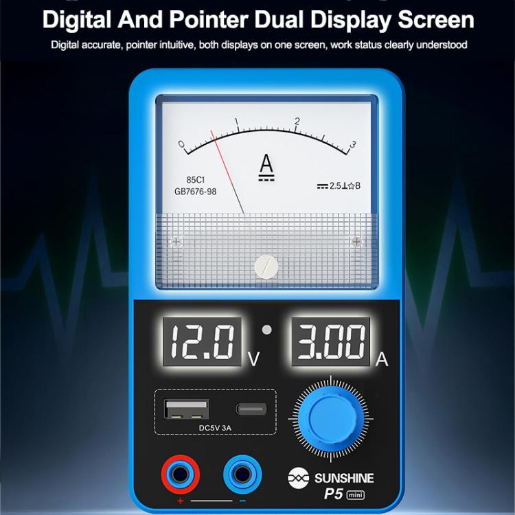 SUNSHINE P5 Mini Alimentatore intelligente con doppio display da 5V/3A e amperometro a lancetta, US Plug, EU Plug