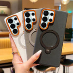 Custodia magnetica per telefono con supporto girevole in PC + TPU in similpelle vegana., For Samsung Galaxy S26+ 5G, For Samsung Galaxy S26 Edge 5G, For Samsung Galaxy S26 Ultra 5G, For Samsung Galaxy S26 5G