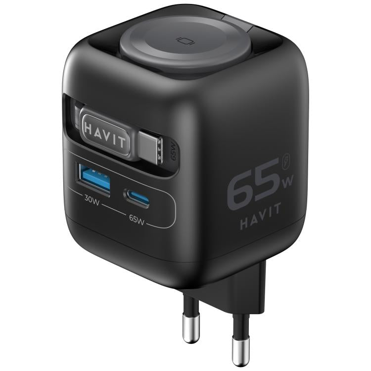 Caricabatterie da viaggio Havit UC252 3 in 1 GaN da 65 W con cavo retrattile Type-C., UC252(EU Plug), UC252(US Plug)
