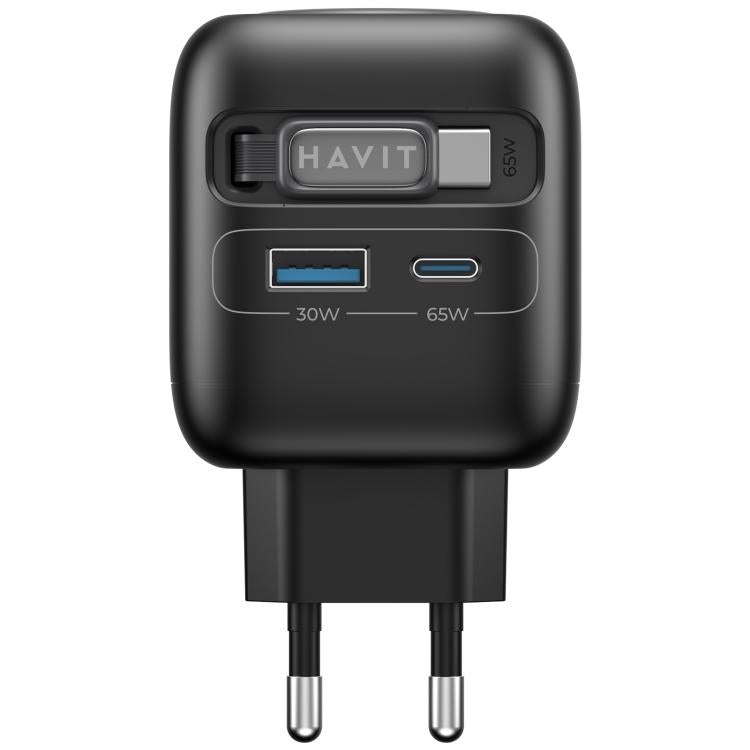 Caricabatterie da viaggio Havit UC252 3 in 1 GaN da 65 W con cavo retrattile Type-C., UC252(EU Plug), UC252(US Plug)