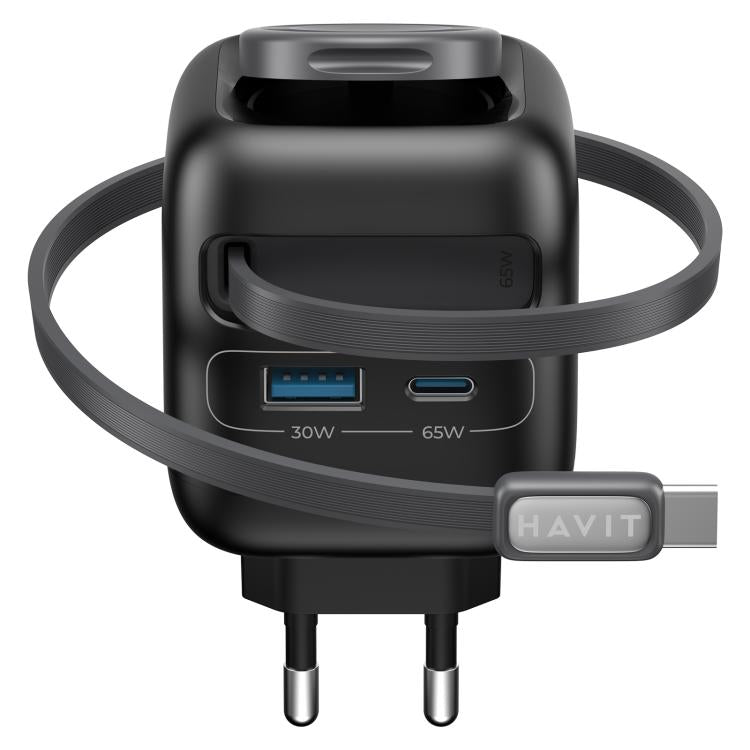 Caricabatterie da viaggio Havit UC252 3 in 1 GaN da 65 W con cavo retrattile Type-C., UC252(EU Plug), UC252(US Plug)