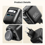 Caricabatterie da viaggio Havit UC252 3 in 1 GaN da 65 W con cavo retrattile Type-C., UC252(EU Plug), UC252(US Plug)