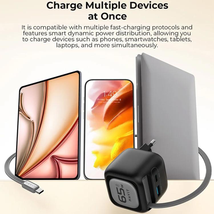 Caricabatterie da viaggio Havit UC252 3 in 1 GaN da 65 W con cavo retrattile Type-C., UC252(EU Plug), UC252(US Plug)